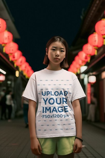 Mockup of a Woman Generated by AI Wearing a T-Shirt on the Street at Night