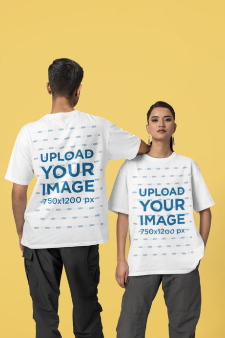 Front and Back View Mockup of a Man and a Woman Wearing Blinkstore T-Shirts in a Studio