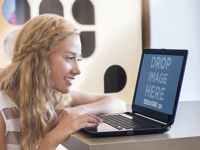 Girl Chatting on Windows Laptop at Home Mockup Template