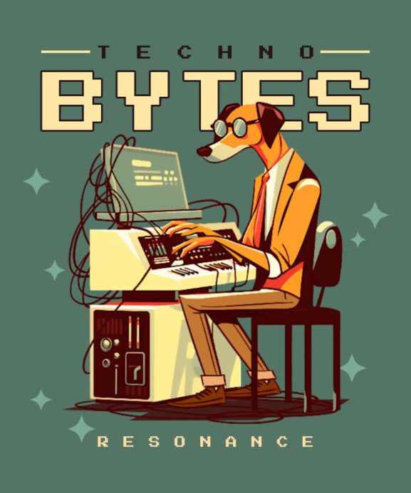 Retro T-Shirt Design Creator Featuring a Cartoonish Dog Playing a Synthesizer