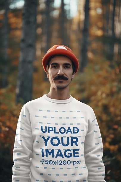 AI-Generated Mockup of a Man with a Mustache Wearing a Sweatshirt in the Woods m34037