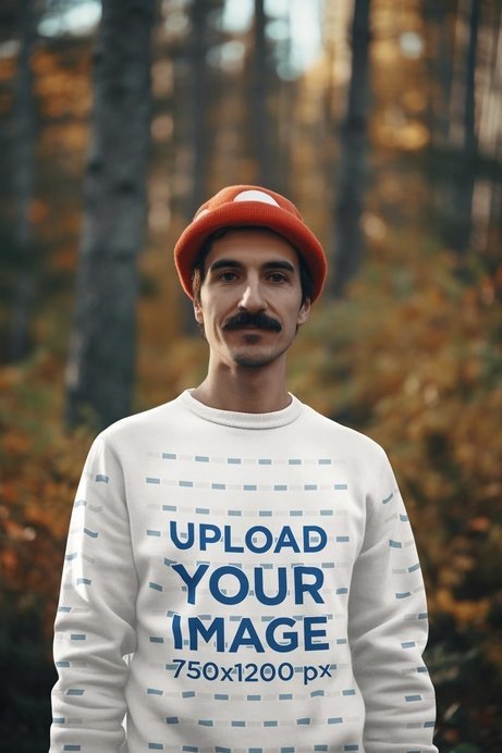 AI-Generated Mockup of a Man with a Mustache Wearing a Sweatshirt in the Woods