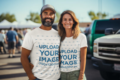 Mockup of a Happy Couple Wearing a Crewneck T-Shirt at a Tailgate Party