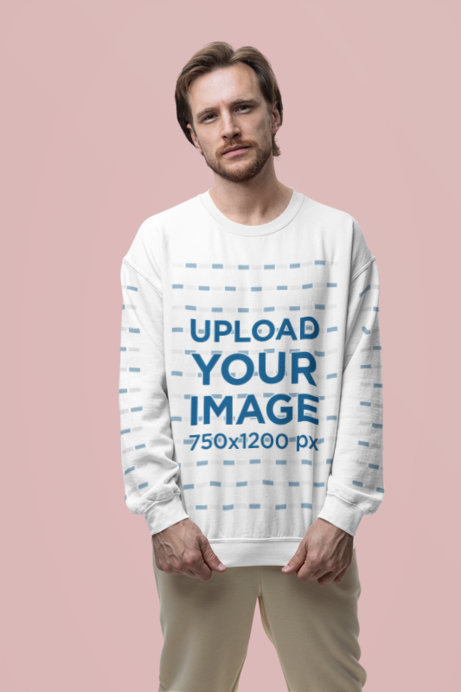 Mockup of a Man Wearing a Gildan Crewneck Sweatshirt in a Studio