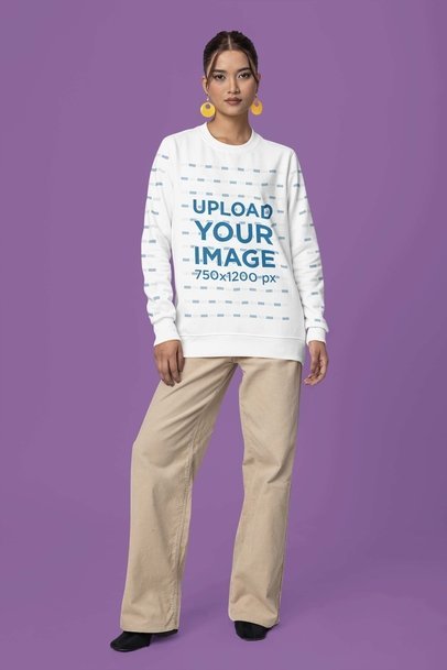 Round-Neck Sweatshirt Mockup of a Woman Wearing Big Earrings in a Studio