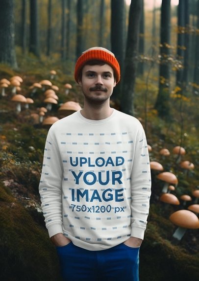 AI-Generated Mockup of a Man Wearing a Sweatshirt in a Forest with Wild Mushrooms