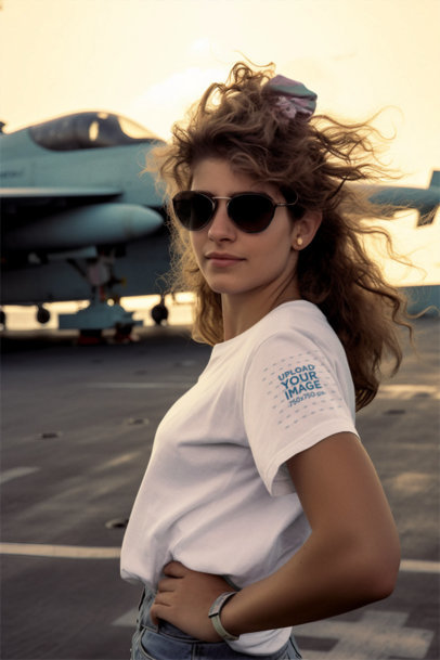 Top Gun-Inspired T-Shirt Mockup of a Happy Woman in a Retro Outfit Posing by a Fighter Jet  m34047