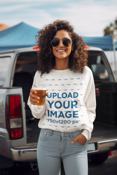 Crewneck Sweatshirt Mockup of a Curly-Haired Woman Holding a Drink at an Outdoor Party m37594