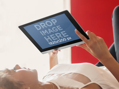 Woman Laying in Bed With Lenovo Tablet Mockup Template