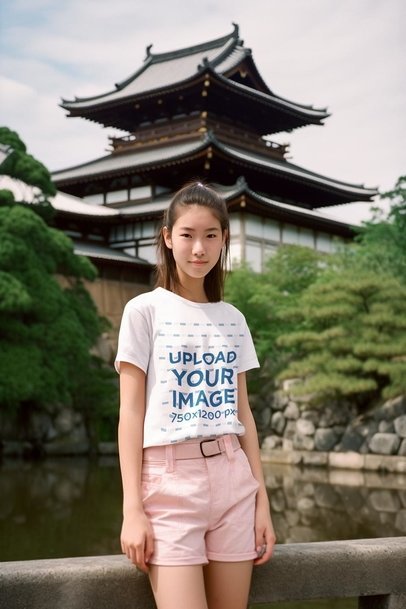 T-Shirt Mockup of a Woman Posing in Front of a Japanese-Style Building