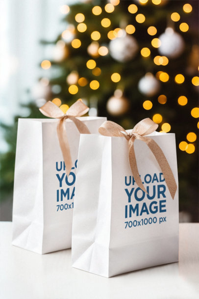 AI-Generated Mockup of Two Gift Bags Placed on a White Wooden Table