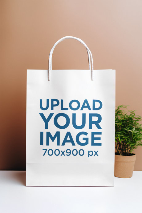 AI-Generated Mockup of a Gift Bag Placed Next to a Small Plant Pot