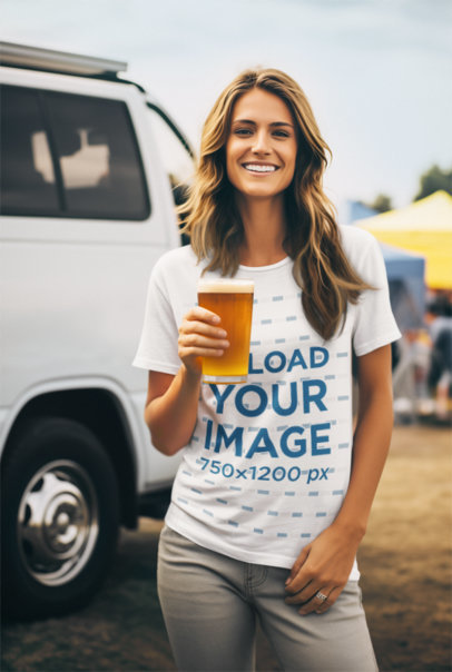 T-Shirt Mockup of an AI-Generated Woman Holding a Beer at a Tailgate Party