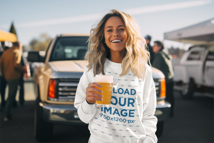 Crewneck Sweatshirt Mockup of a Happy Woman Holding a Beer at a Tailgate Party