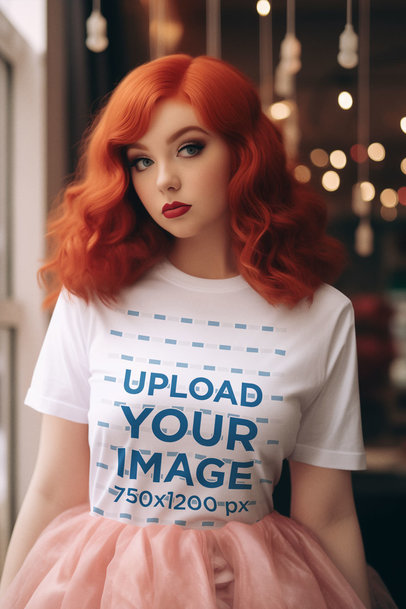 Round-Neck Tee Mockup of an AI-Generated Woman in a Coquette Style