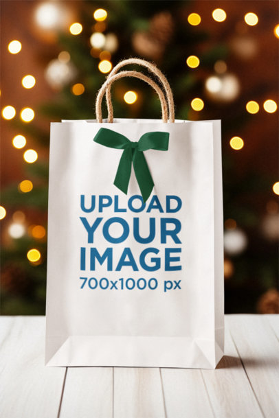 Mockup of an AI-Created Gift Bag With a Bow Tie Placed on a White Wooden Table m37282