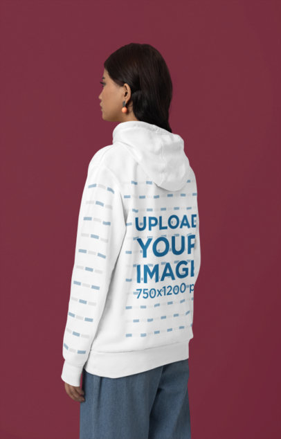 Back-View Mockup of a Woman Wearing a Pullover Hoodie with a Customizable Sleeve