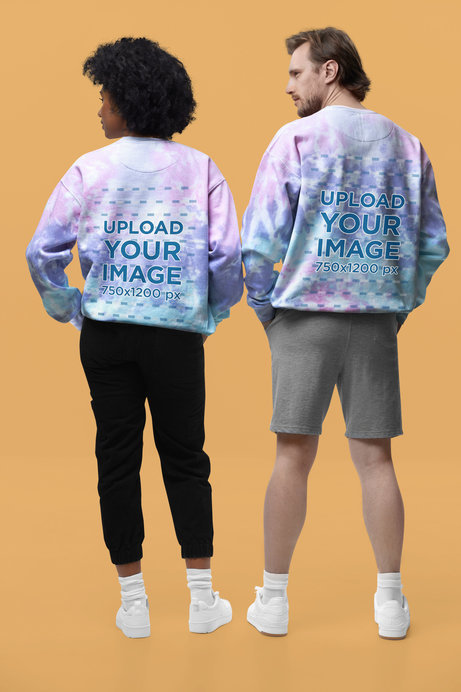 Back-View Mockup of a Man and a Woman Wearing Colortone Tie-Dye Sweatshirts