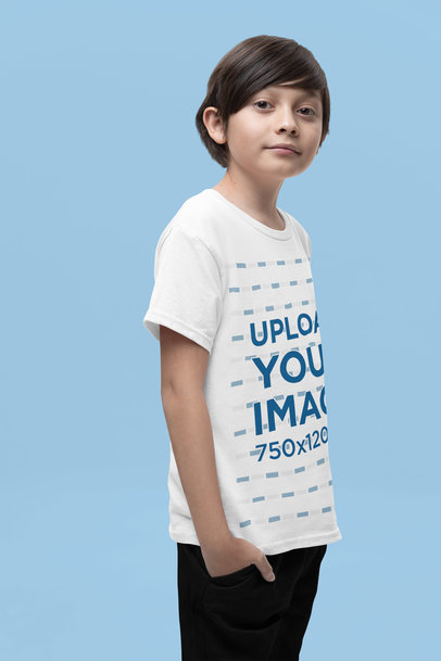 Mockup of a Boy Wearing a Crewneck Gildan T-Shirt and Standing in a Studio m37685