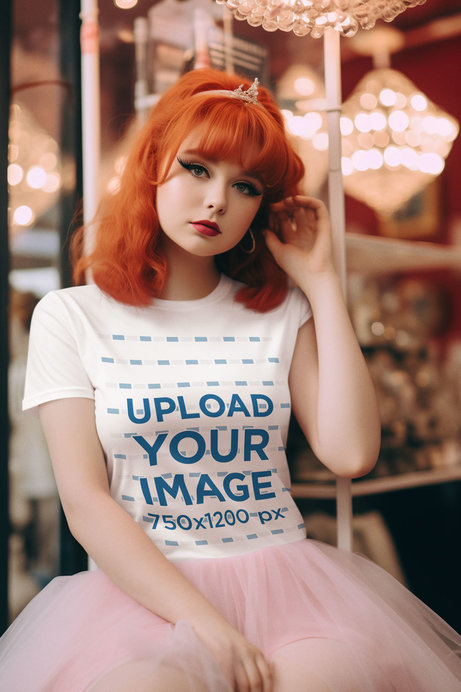 T-Shirt Mockup of a Redhead Woman Generated by AI Wearing a Coquette Outfit