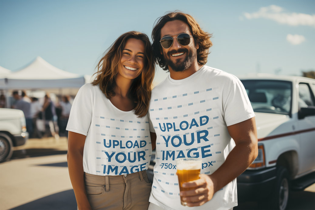 T-Shirt Mockup of a Smiling Man and a Woman Hugging Each Other at a Tailgate Party
