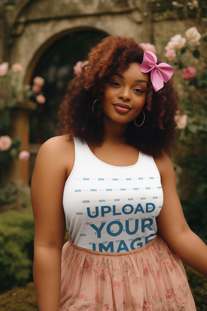 Tank Top Mockup of a Smiling AI-Created Woman With a Coquette-Inspired Pink Bow