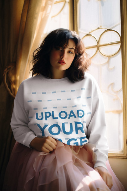 Sweatshirt Mockup Featuring an AI-Generated Woman in a Coquette-Inspired Look