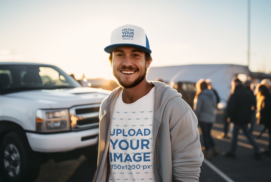 Trucker Hat Mockup of an AI-Created Bearded Man Wearing a T-Shirt in a Tailgate Party