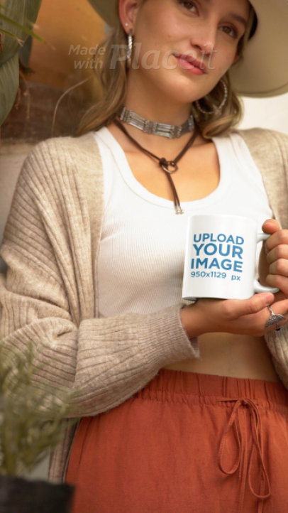 Coffee Mug Video Featuring a Woman Wearing a Boho-Styled Outfit