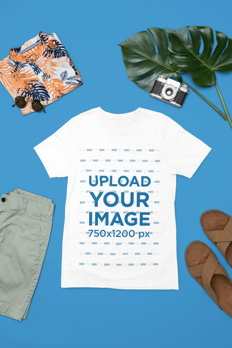 Summer Outfit Mockup Featuring a Bella Canvas Round-Neck Tee Next to a Vintage Camera