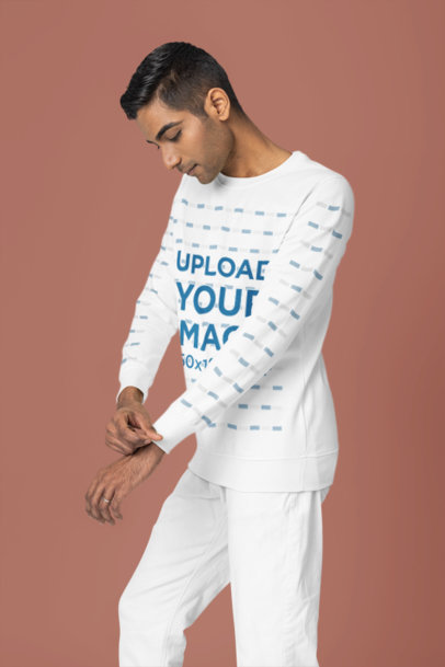 Mockup of a Man Wearing a Sweatshirt with Customizable Sleeves in a Studio