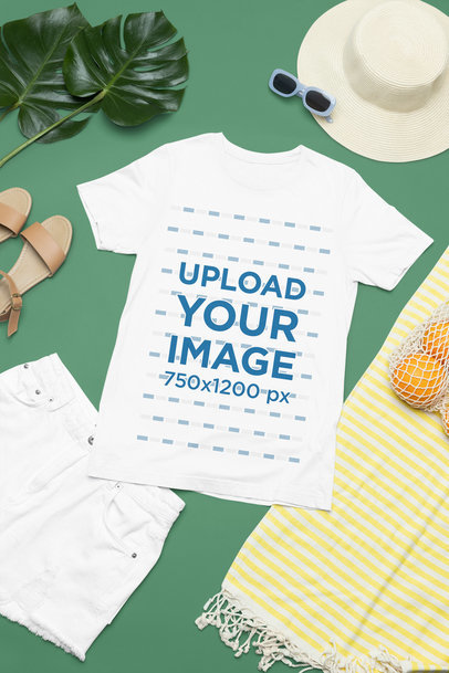 Summer Outfit Mockup of a Round-Neck Tee Next to Palm Leaves