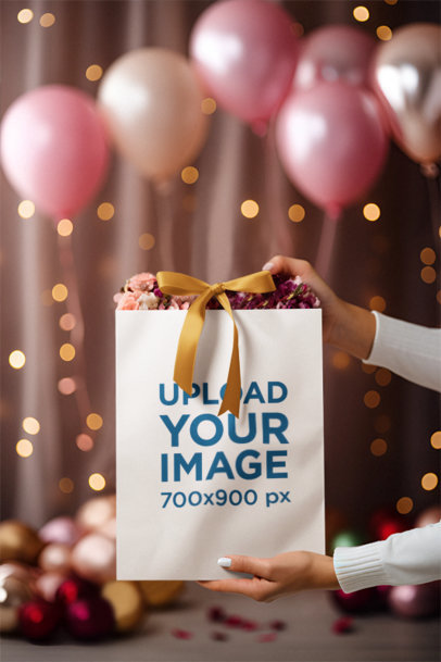 Mockup of an AI-Generated Woman Holding a Gift Bag Full of Flowers