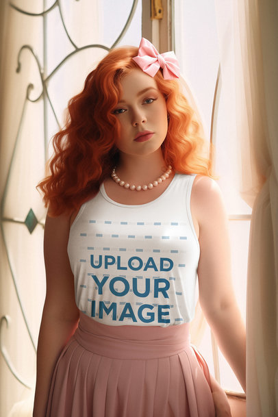 Coquette-Aesthetic Mockup of a Woman with Red Hair Wearing a Tank Top and a Pink Bow