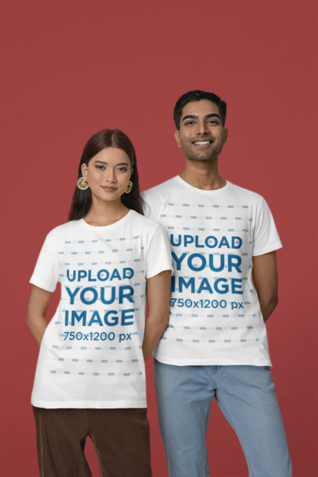 Mockup of a Happy Couple Wearing Matching Crewneck T-Shirts from Scott International