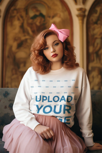 Sweatshirt Mockup of a Woman Wearing a Big Pink Hair Bow for a Coquette Aesthetic