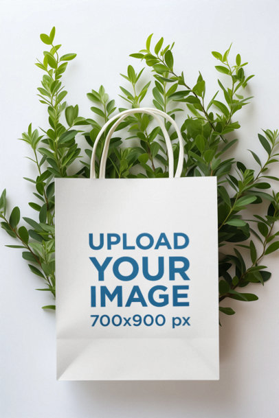 Mockup of an AI-Generated Gift Bag Placed Against Some Plants and a White Wall