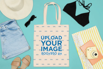Summer Outfit Mockup Featuring a Sublimated Tote Bag Next to an Instant Camera m37472