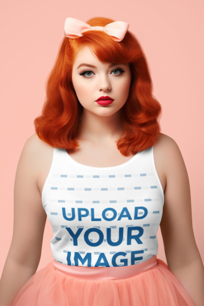 Tank Top Mockup Featuring a Woman with Red Hair in a Coquette-Aesthetic Outfit