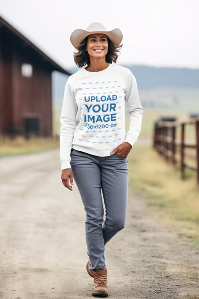 Western-Themed Mockup of a Happy Cowgirl Wearing a Hat and a Round-Neck Sweatshirt