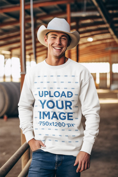 Western-Themed Mockup of a Smiling Cowboy Wearing a Rounded-Neck Sweatshirt