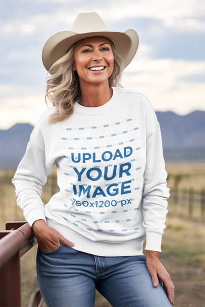 Crewneck Sweatshirt Mockup Featuring an AI-Generated Woman Posing With a Smile and Cowboy Hat m36788
