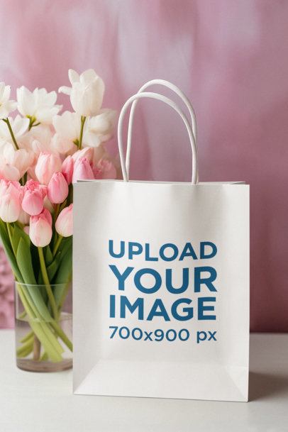 AI-Created Gift Bag Mockup Featuring Some Pink Tulips m37274
