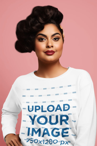 AI-Generated Sweatshirt Mockup of a Woman Posing in a Studio Wearing a Coquette Outfit