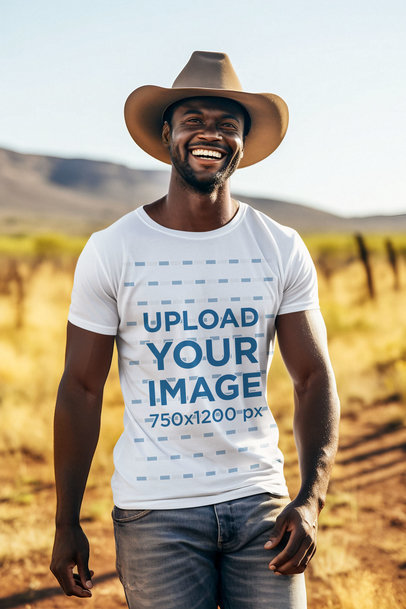 Round-Neck Tee Mockup Featuring an AI-Created Happy Man in a Western Setting m36809