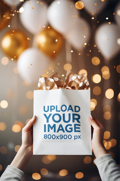 Mockup of an AI-Created Woman Holding a Gift Bag in the Air