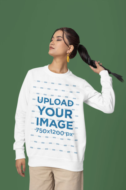 Crewneck Sweatshirt Mockup Featuring a Woman Pulling Her Ponytail