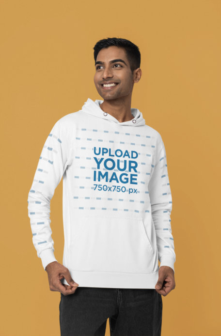 Gildan Pullover Hoodie Mockup Featuring a Smiling Man Posing in a Studio