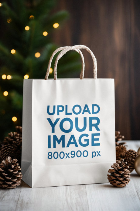 Gift Bag Mockup Featuring an AI-Created Holiday Setting With Pinecones
