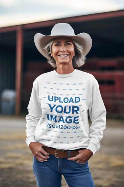 Western-Themed Mockup of a Smiling Woman Wearing a Sweatshirt and a Cowgirl Hat